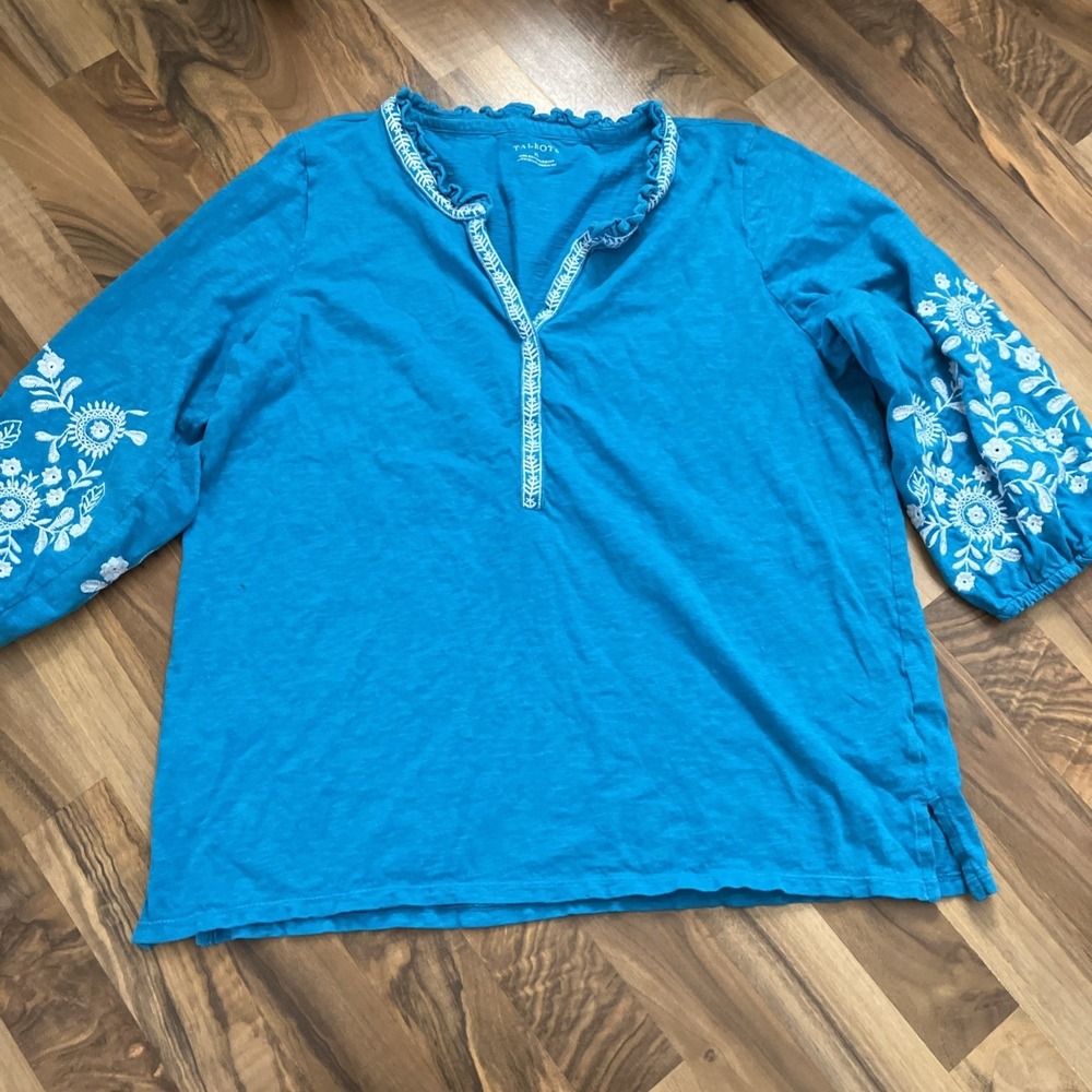 Talbots Aqua Teal Embroidered Tunic Peasant Top Sz XL Coastal Resort wear Boho